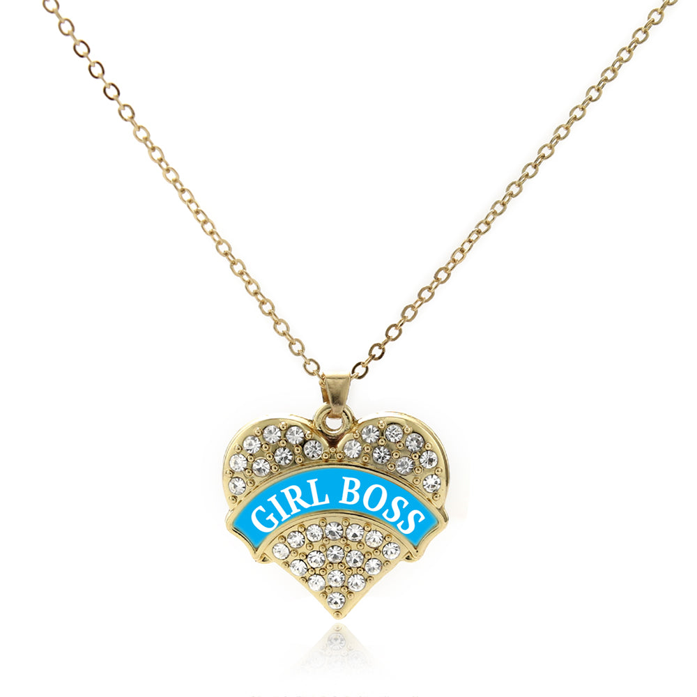 Gold Blue Girl Boss Pave Heart Charm Classic Necklace