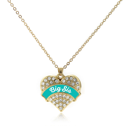 Gold Teal Big Sister Pave Heart Charm Classic Necklace