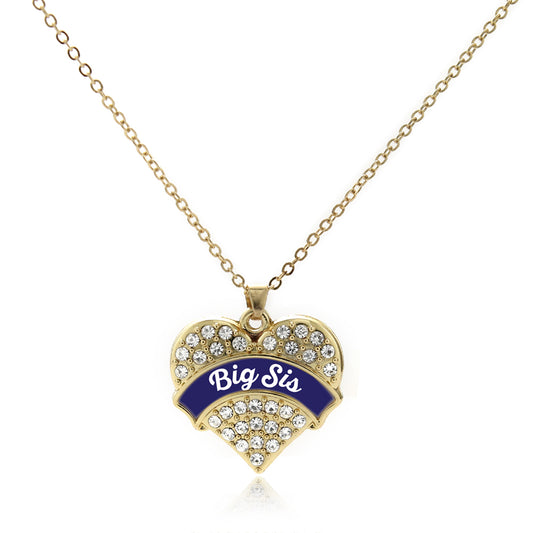Gold Navy Blue Big Sister Pave Heart Charm Classic Necklace