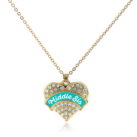 Gold Teal Middle Sister Pave Heart Charm Classic Necklace