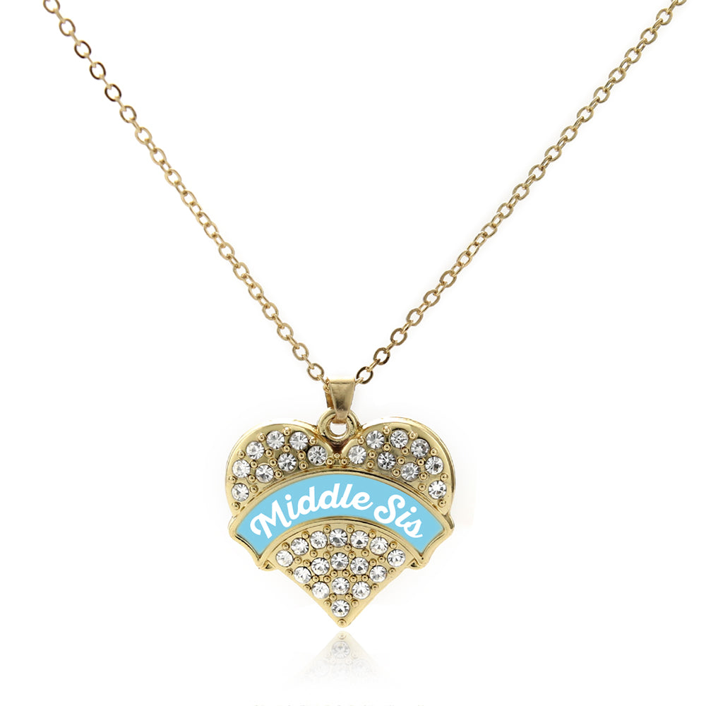 Gold Light Blue Middle Sister Pave Heart Charm Classic Necklace