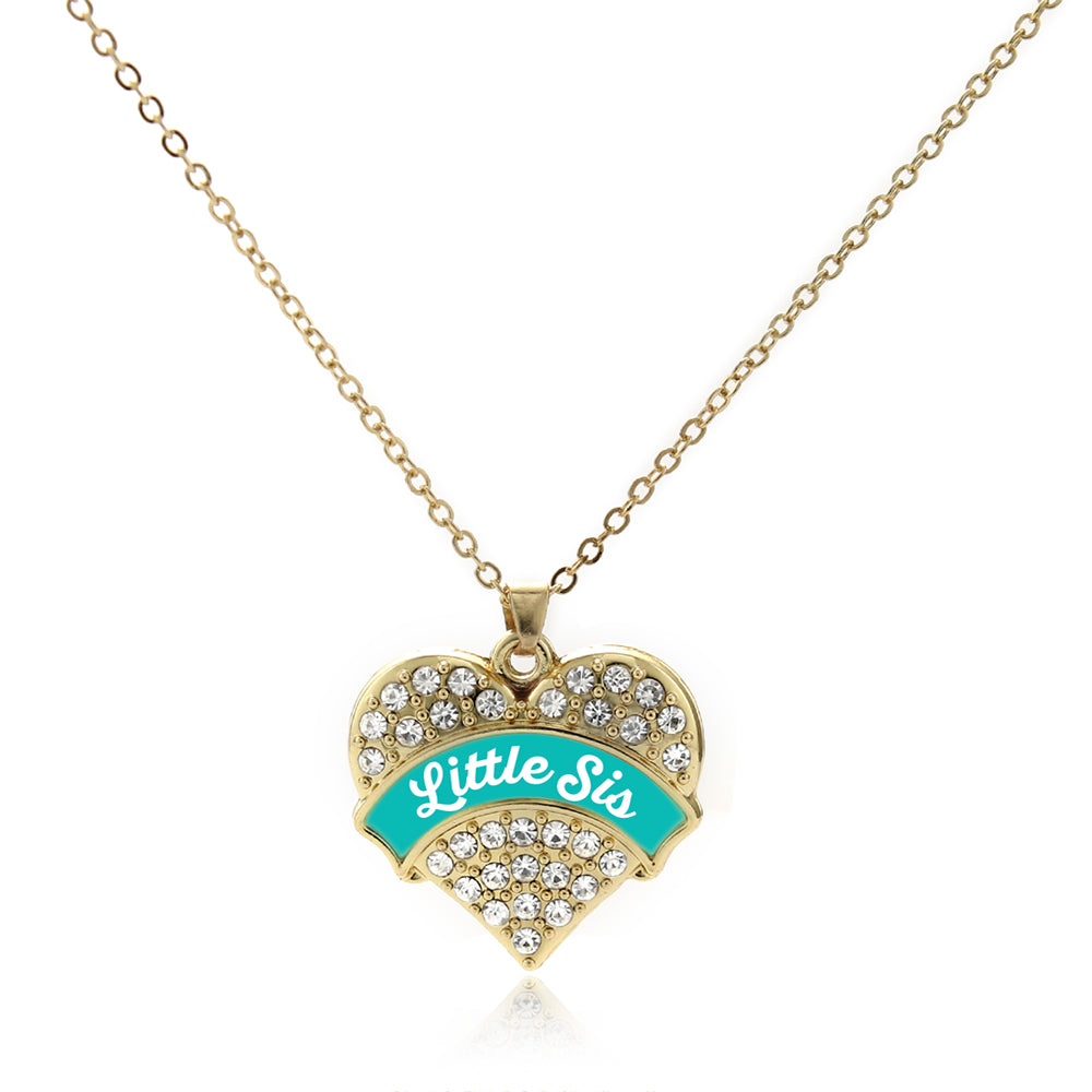Gold Teal Little Sister Pave Heart Charm Classic Necklace