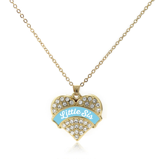 Gold Light Blue Little Sister Pave Heart Charm Classic Necklace