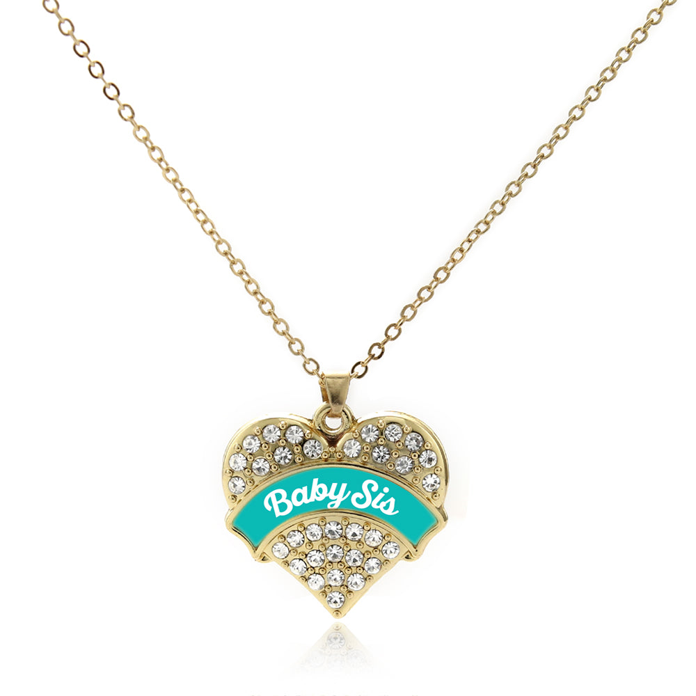 Gold Teal Baby Sister Pave Heart Charm Classic Necklace