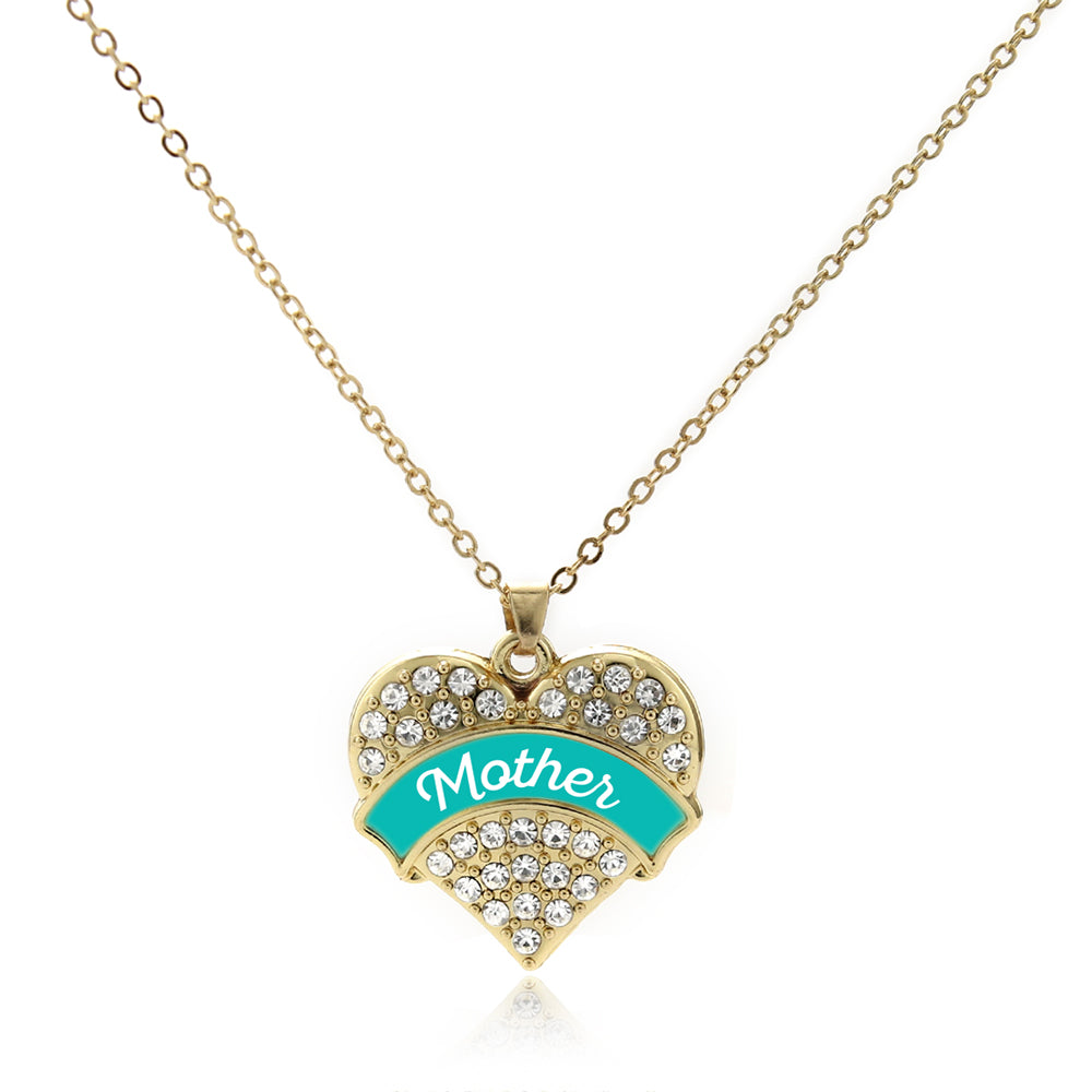 Gold Teal Mother Pave Heart Charm Classic Necklace