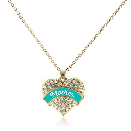 Gold Teal Mother Pave Heart Charm Classic Necklace
