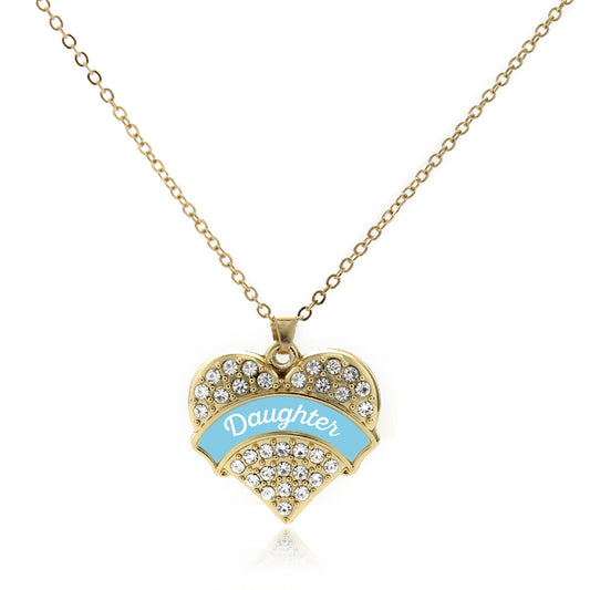 Gold Light Blue Daughter Pave Heart Charm Classic Necklace