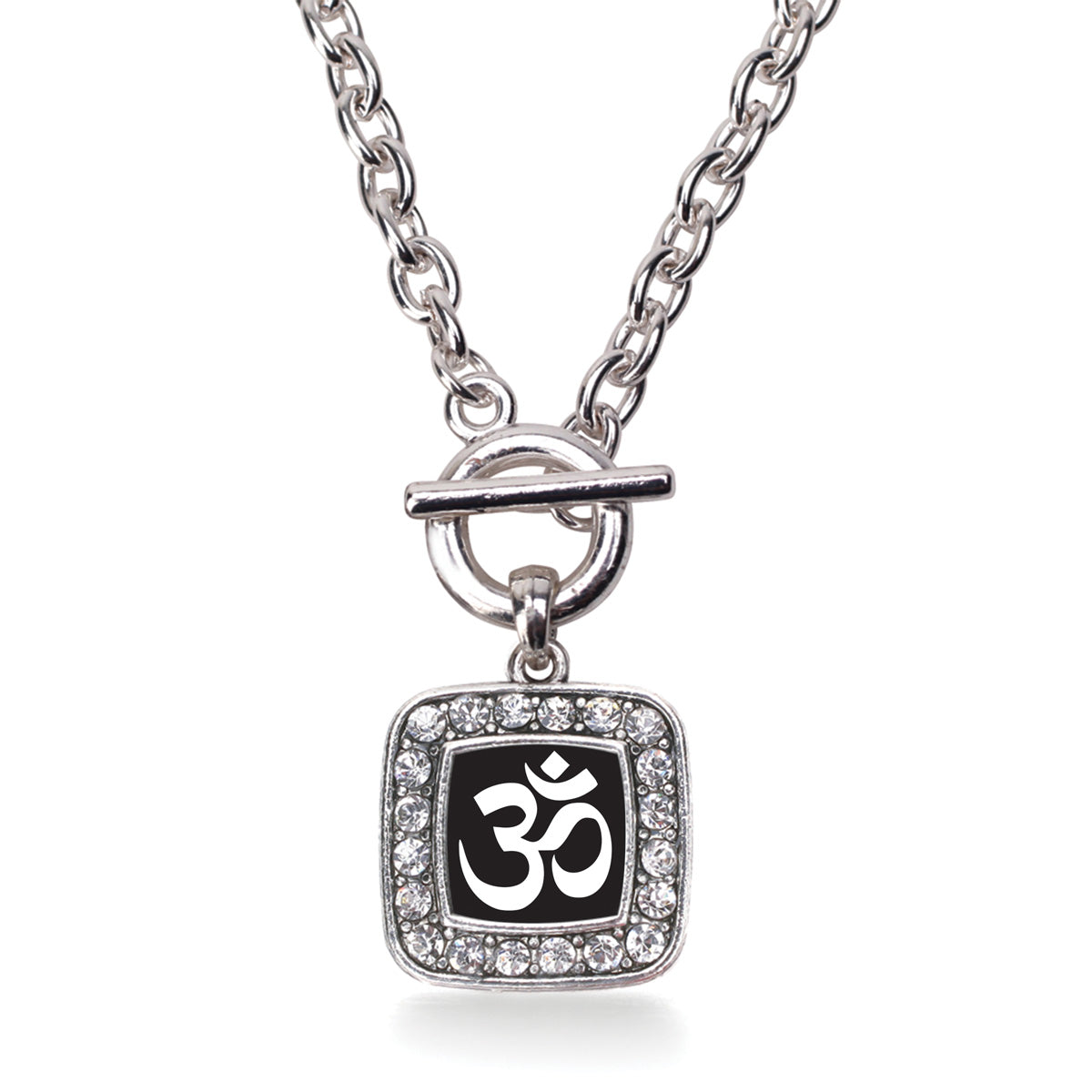 Silver OM - Black and White Square Charm Toggle Necklace