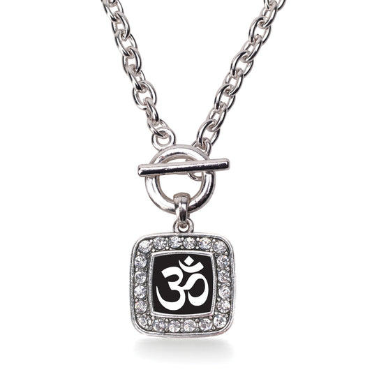 Silver OM - Black and White Square Charm Toggle Necklace