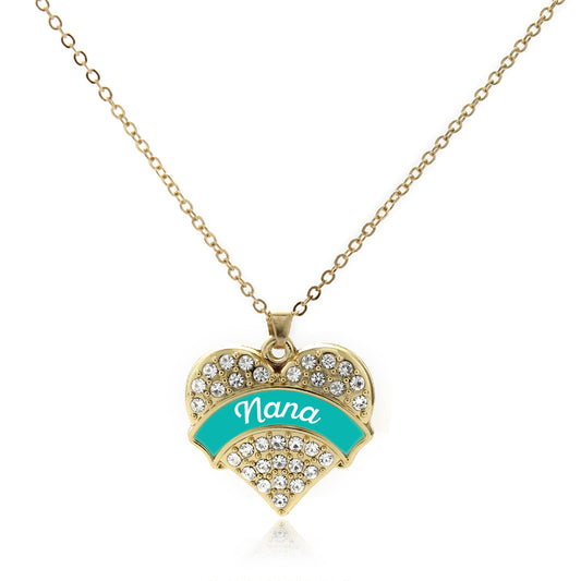 Gold Teal Nana Pave Heart Charm Classic Necklace