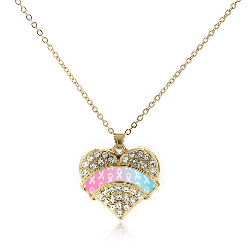 Gold Light Blue & Light Pink Ribbon Support Pave Heart Charm Classic Necklace