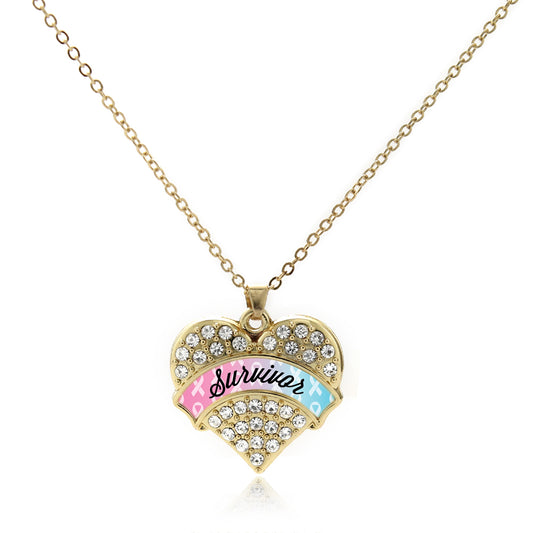Gold Light Blue & Light Pink Ribbon Survivor Pave Heart Charm Classic Necklace
