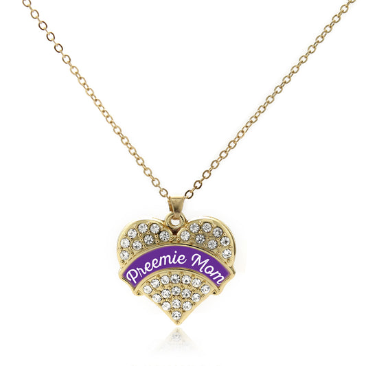 Gold Preemie Mom Pave Heart Charm Classic Necklace