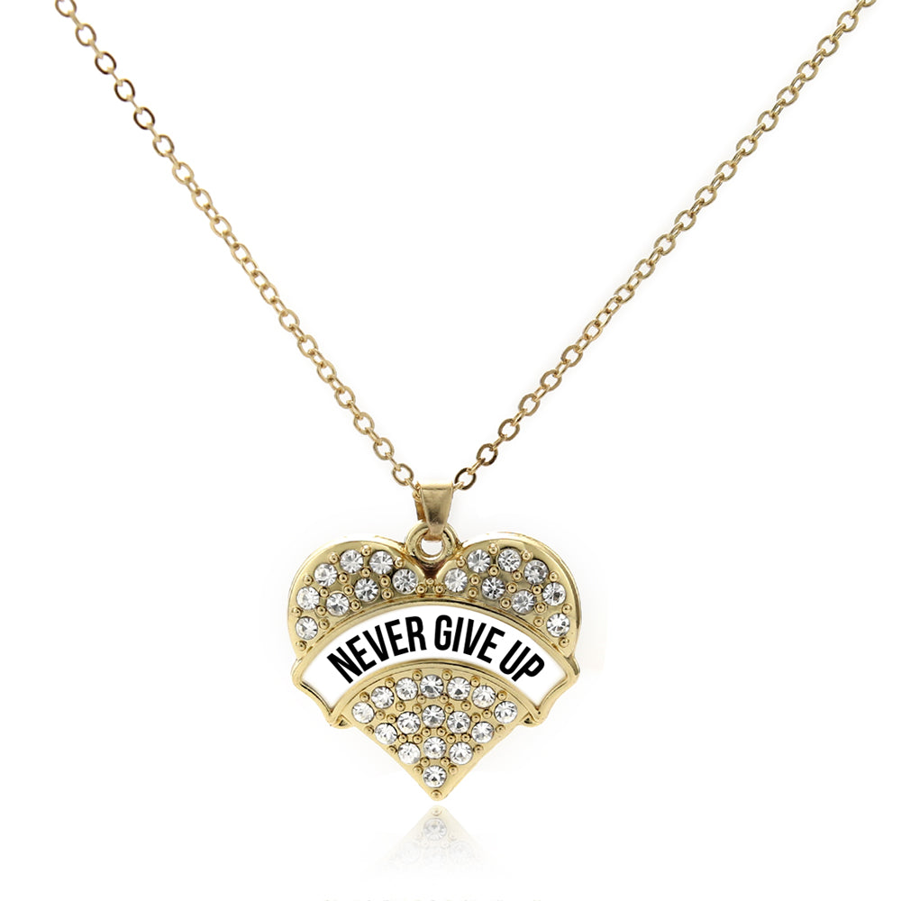 Gold White Banner Never Give Up Pave Heart Charm Classic Necklace