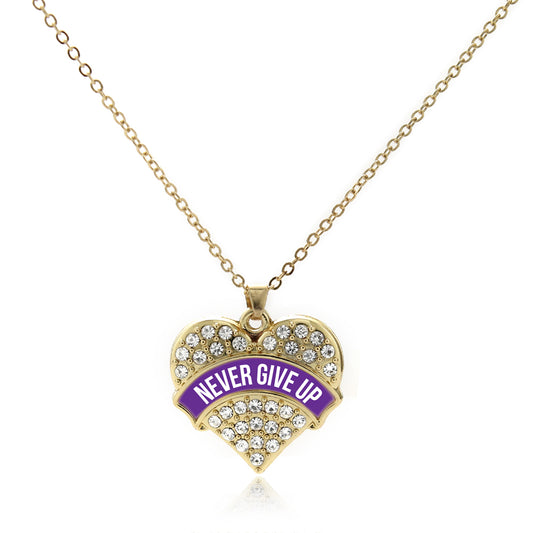 Gold Purple Banner Never Give Up Pave Heart Charm Classic Necklace