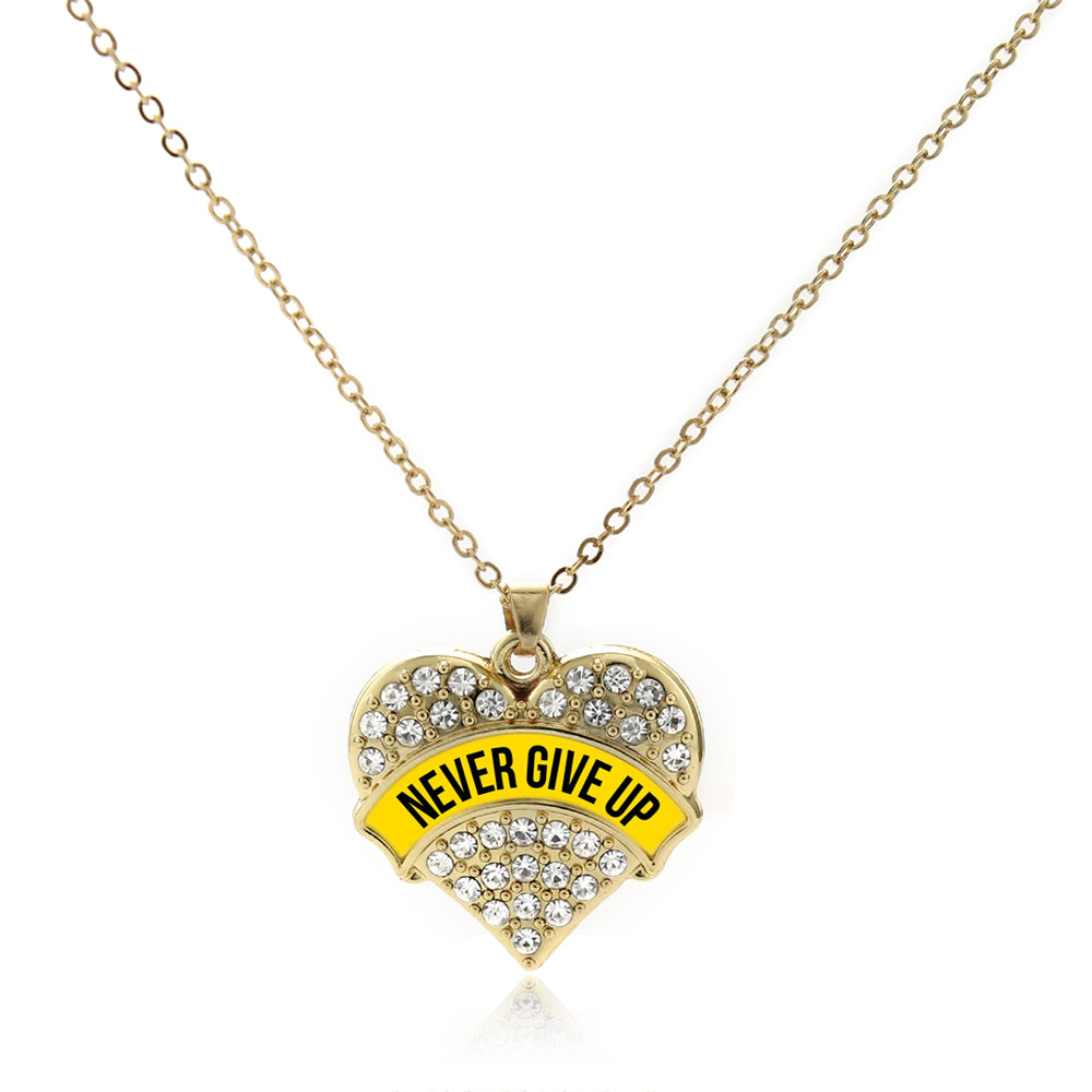 Gold Yellow Banner Never Give up Pave Heart Charm Classic Necklace