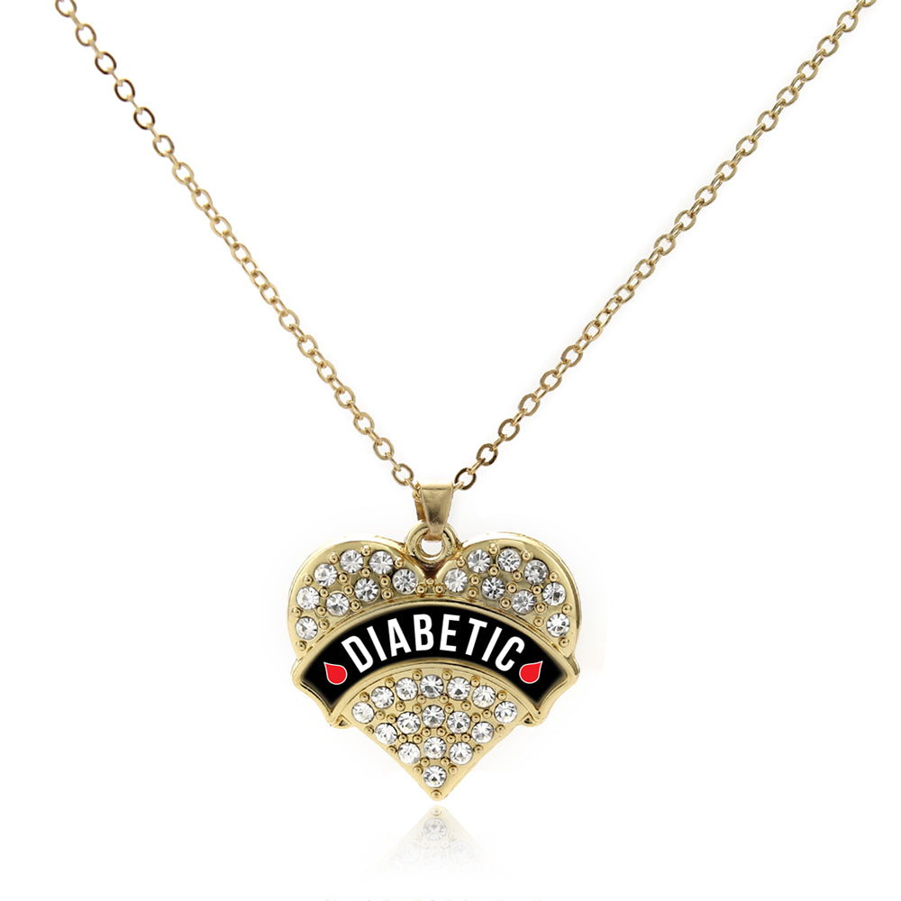 Gold Diabetic Medical Alert Pave Heart Charm Classic Necklace