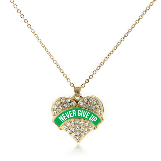 Gold Green Banner Never Give up Pave Heart Charm Classic Necklace