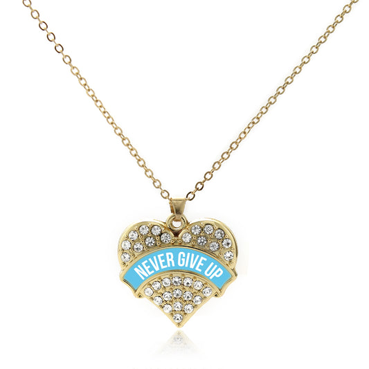 Gold Light Blue Banner Never Give Up Pave Heart Charm Classic Necklace