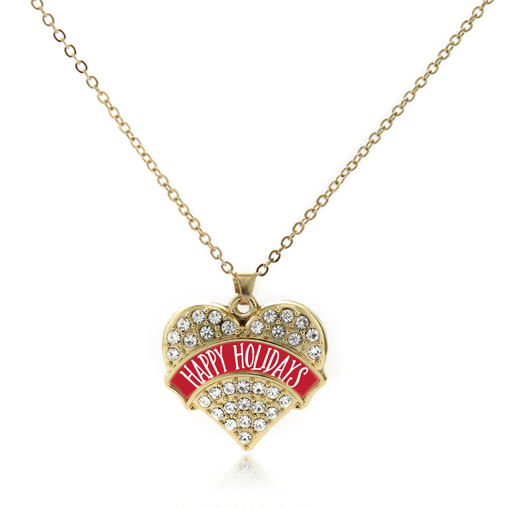 Gold Red Banner Happy Holidays Pave Heart Charm Classic Necklace