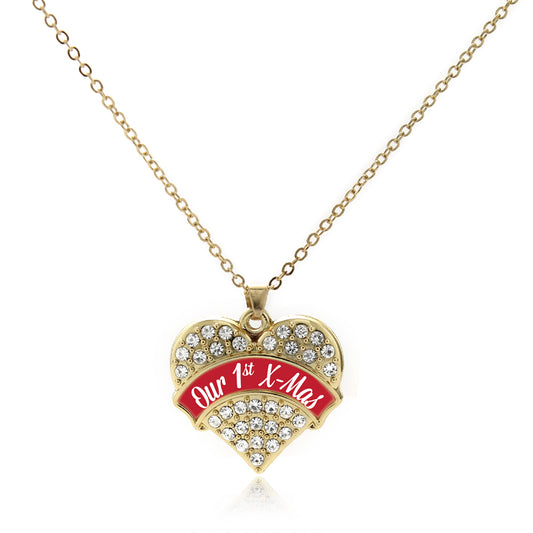 Gold Red Banner Our 1st X-Mas Pave Heart Charm Classic Necklace
