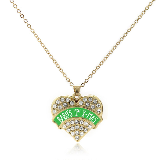 Gold Green Banner Baby's 1st X-Mas Pave Heart Charm Classic Necklace