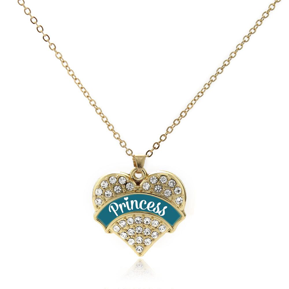 Gold Princess - Dark Teal Pave Heart Charm Classic Necklace