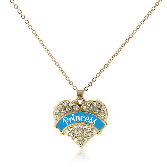 Gold Princess - Sky Blue Pave Heart Charm Classic Necklace
