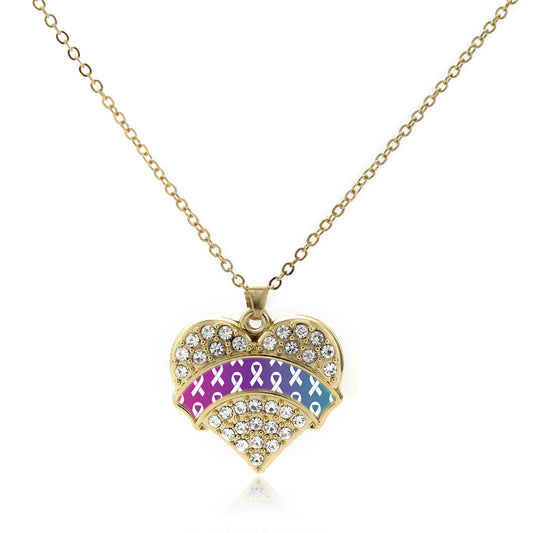 Gold Thyroid Ribbon Support Pave Heart Charm Classic Necklace