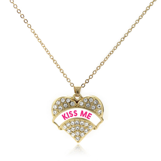 Gold Kiss Me White Candy Pave Heart Charm Classic Necklace