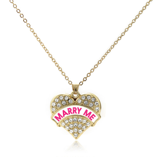 Gold Marry Me White Candy Pave Heart Charm Classic Necklace