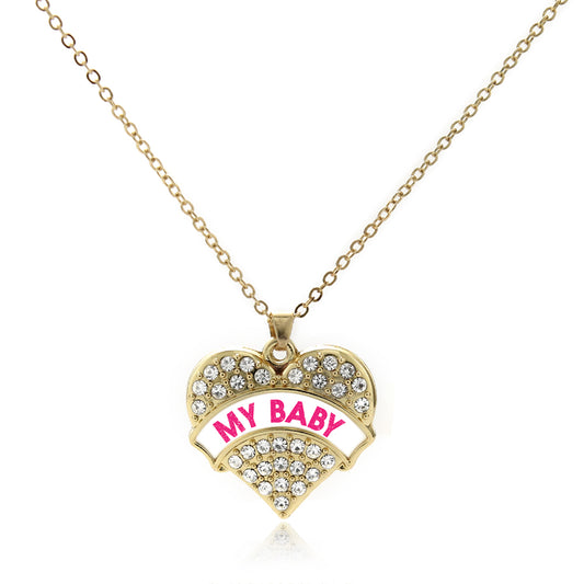Gold My Baby White Candy Pave Heart Charm Classic Necklace