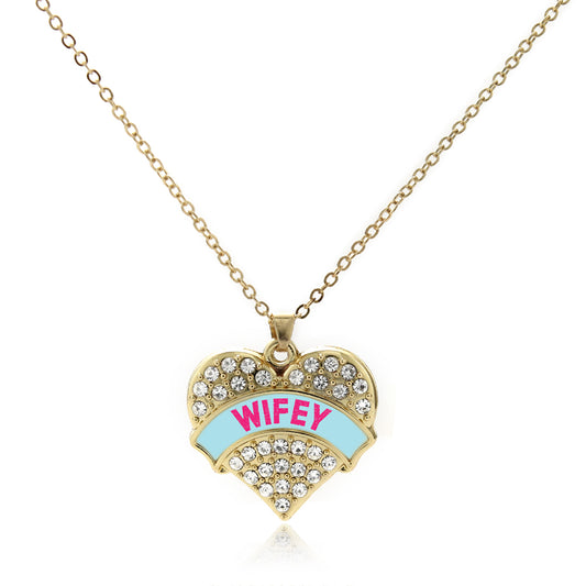 Gold Wifey Teal Candy Pave Heart Charm Classic Necklace
