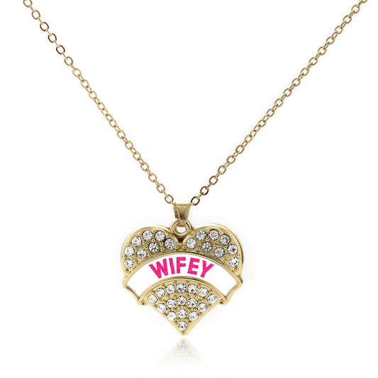 Gold Wifey White Candy Pave Heart Charm Classic Necklace
