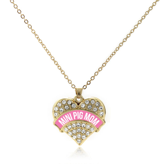 Gold Mini Pig Mom - Pink Pave Heart Charm Classic Necklace