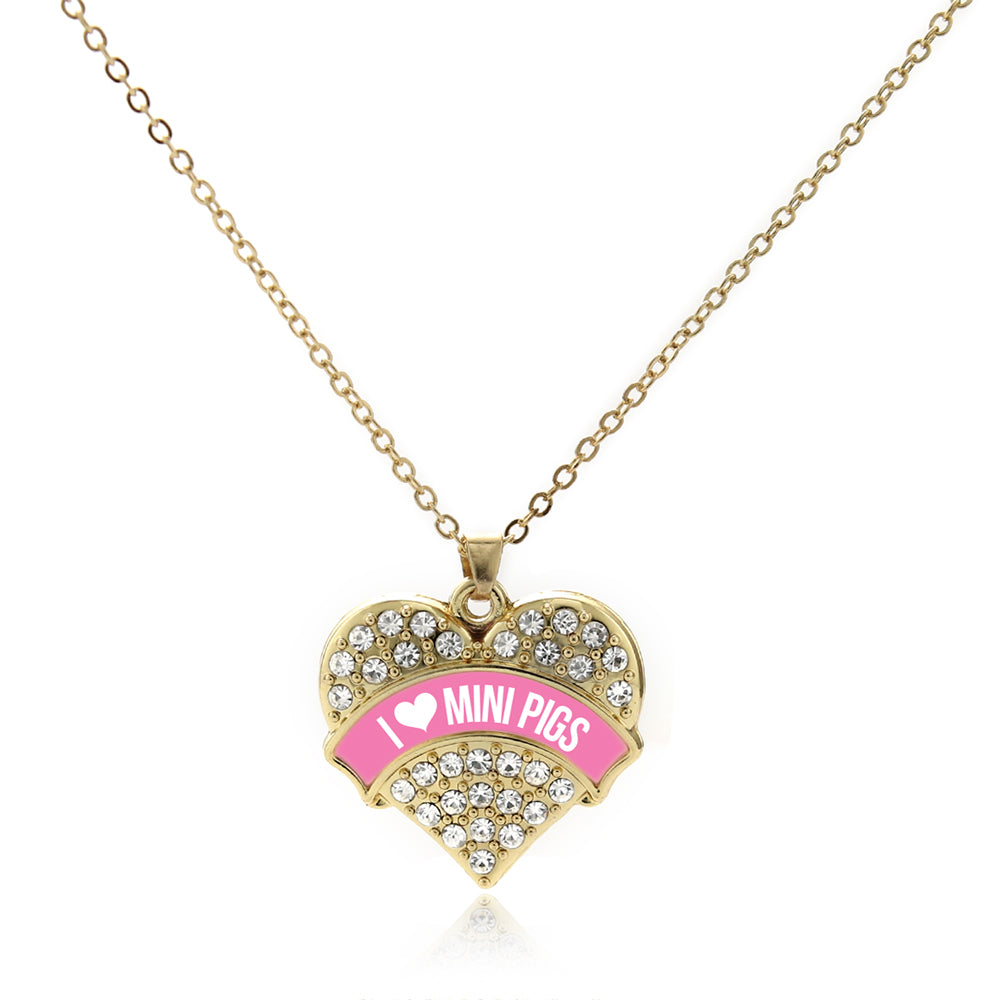 Gold I Love Mini Pigs - Pink Pave Heart Charm Classic Necklace