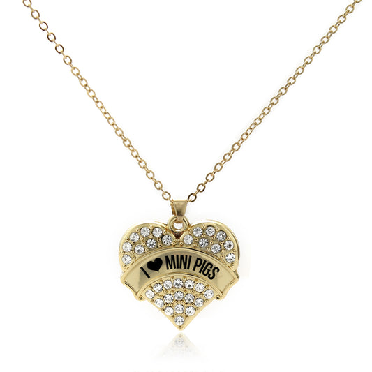 Gold I Love Mini Pigs Pave Heart Charm Classic Necklace