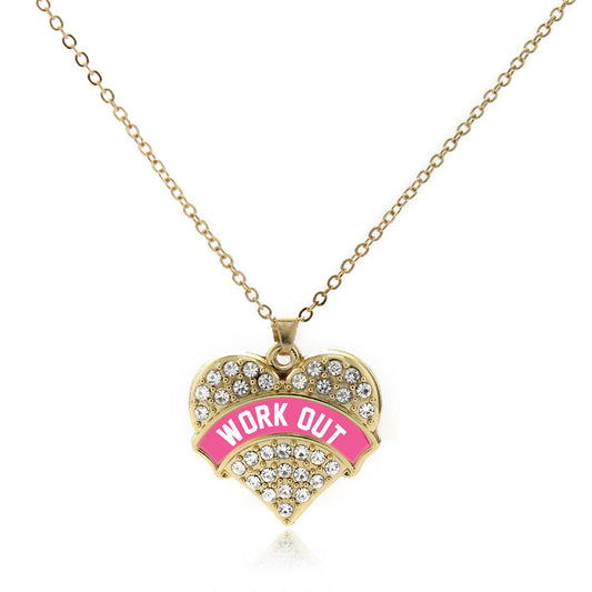 Gold Pink Work Out Pave Heart Charm Classic Necklace