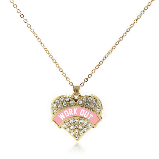 Gold Light Pink Work Out Pave Heart Charm Classic Necklace