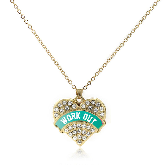 Gold Teal Work Out Pave Heart Charm Classic Necklace
