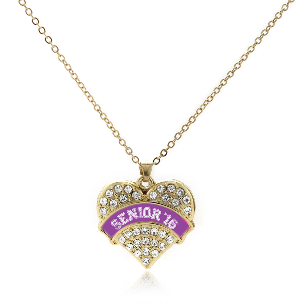 Gold Purple Senior 2016 Pave Heart Charm Classic Necklace