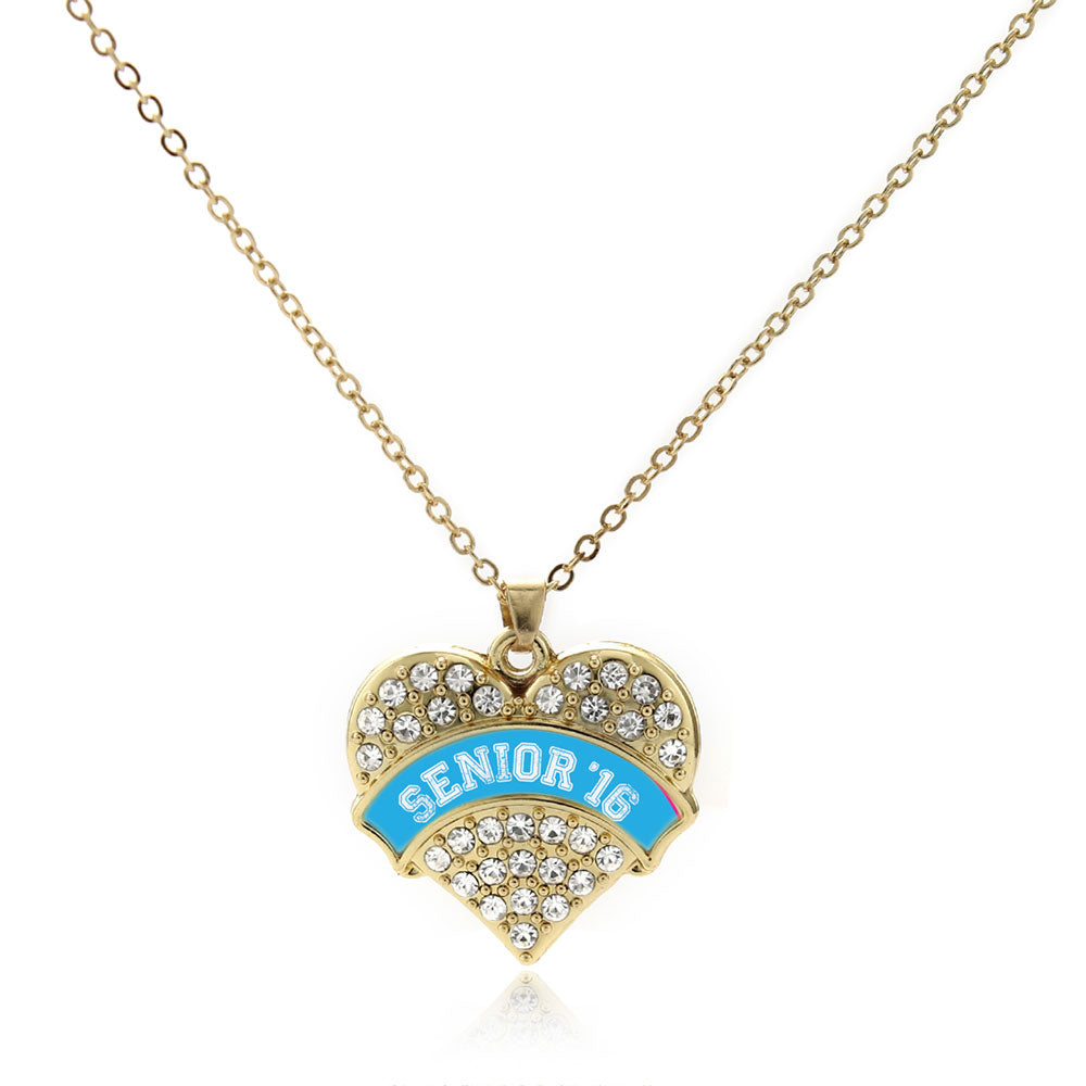 Gold Blue Senior 2016 Pave Heart Charm Classic Necklace