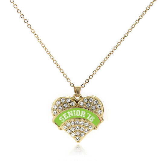 Gold Lime Green Senior 2016 Pave Heart Charm Classic Necklace
