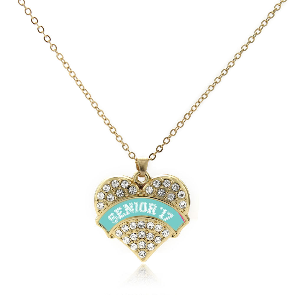 Gold Teal Senior 2017 Pave Heart Charm Classic Necklace