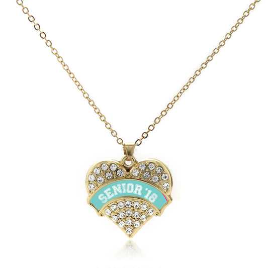 Gold Teal Senior 2018 Pave Heart Charm Classic Necklace