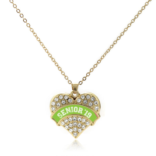 Gold Lime Green Senior 2019 Pave Heart Charm Classic Necklace