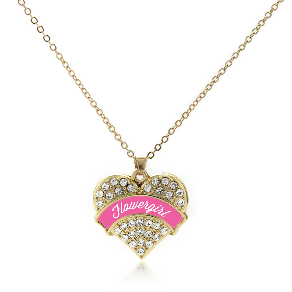 Gold Pink Flower Girl Pave Heart Charm Classic Necklace