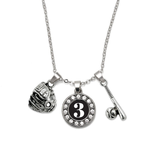 Silver Baseball/Softball - Sports Number 3 Circle Charm Classic Necklace