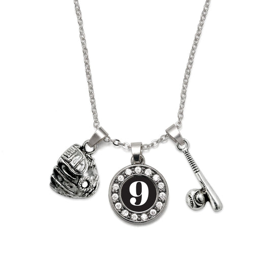 Silver Baseball/Softball - Sports Number 9 Circle Charm Classic Necklace