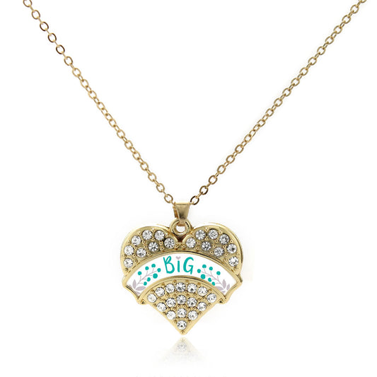 Gold Teal and Gray Big Pave Heart Charm Classic Necklace
